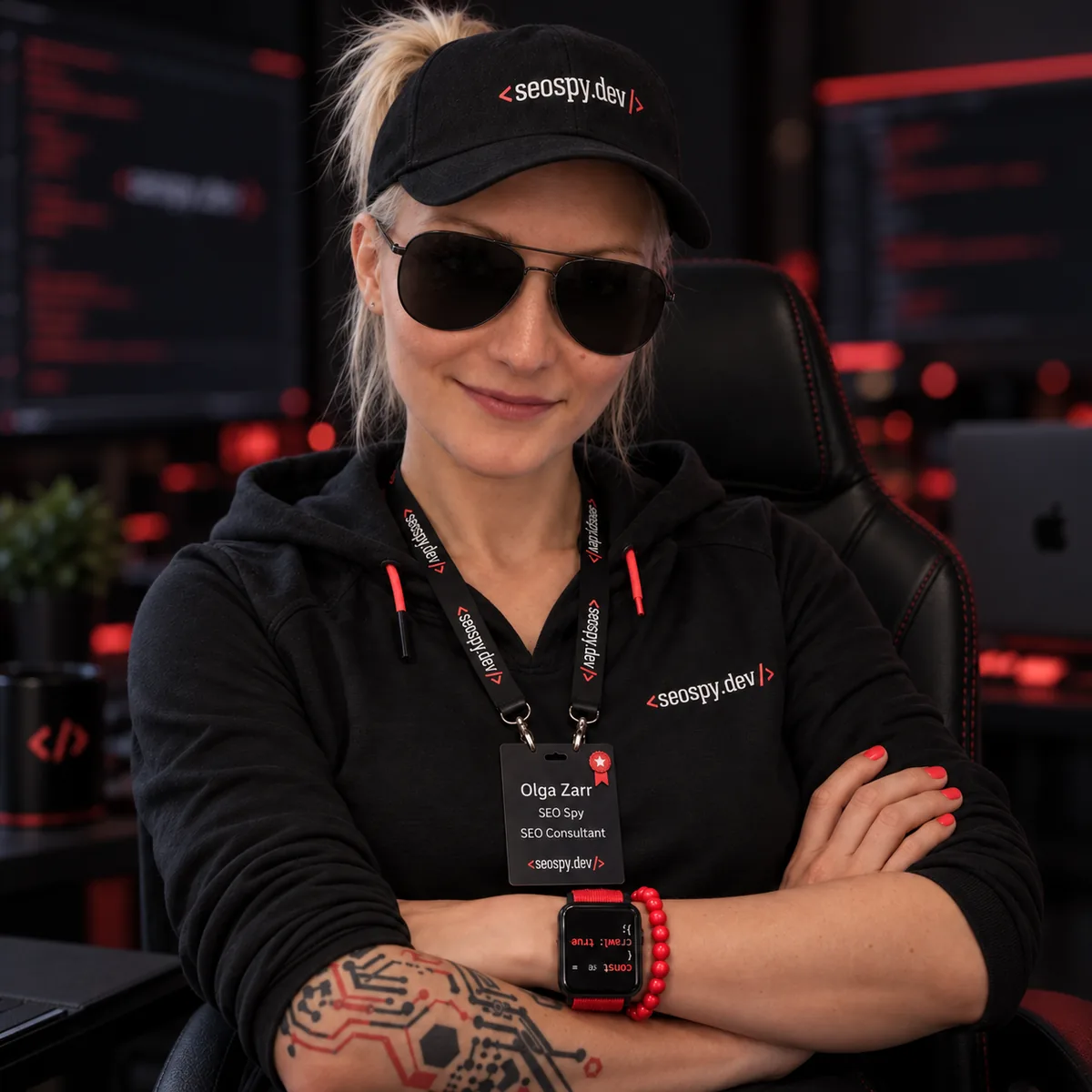 Olga Zarr, AI SEO consultant, wearing an SEO Spy cap and hoodie.
