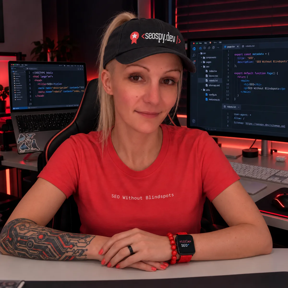 Olga Zarr, SEO consultant, seated at her desk with code on the monitors.