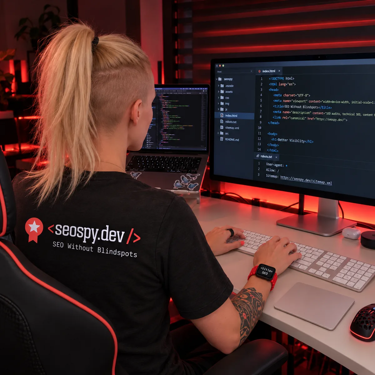 Olga Zarr, technical SEO consultant, at a workstation displaying website code.
